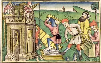 創世記11 1-9ニュルンベルク聖書からのバベルの塔の構築（Biblia Sacra Germanaica）（色の木版画）