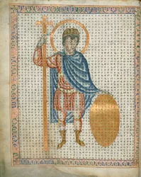 Harley 3045 fol.2 敬虔な皇帝ルイ 1 世、十字架と盾を持っている、「De Laudibus Sancte Crucis」、c.1170-79 (ベラム) から