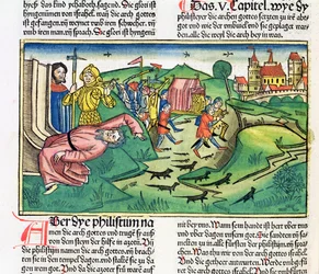 サムエル記5：1-11ペリシテ人は箱舟を占領し、ニュルンベルク聖書（Biblia Sacra Germanaica）（色の木版画）からペストに襲われます