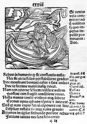 ヨハネスシェンスペンガーによって印刷された、セバスチャンブラント作の船「Sultifera mortal」のイラスト、1497年（woocut）