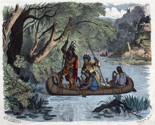 アメリカの川でカヌーに乗って釣りをするインディアンたち。フランツ・ヴィーデマンのドイツの物語「Wenn Jemand eine Reise thut, so kann er was erzahlen（誰かが旅をすると、これが彼の伝えることができる）」では