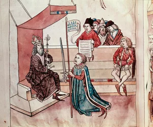 騎士の叙任。ウルリヒ・リヒェンタール（1360-1437）による『コンスタンツ公会議年代記』の細密画、1438年頃、プラハ、国立図書館