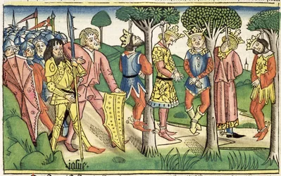ヨシュア記 10 16-27 「ニュルンベルク聖書 (Biblia Sacra Germanaica)」からの 5 人の王の処刑 (着色された木版画)