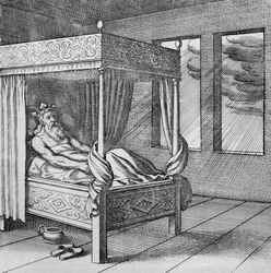 King watches the rain through his window (from Musaeum Hermeticum)