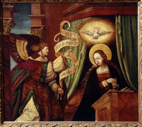 受胎告知（受胎告知）。 大天使ガブリエルはラテン語でメッセージを伝えます: ""Ave gratia plena Dominus tecum"" (雹、恵みに満ちたおお、主はあなたと共におられる) (アヴェ・マリアの始まり)。 ドイツの巨匠による絵画（16世紀）。 油