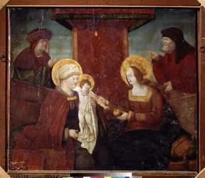 聖なる家族（聖なる親族）。 ドイツの巨匠による絵画（16世紀）。 木に油彩、95 x 113 cm、1520 年頃。ドイツ派、ルネッサンス。 プーシキン美術館、モスクワ。