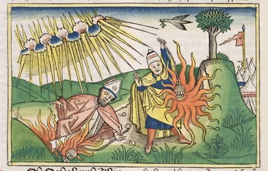 Leviticus 10 1-2ナダブとアビフは、ニュルンベルク聖書（Biblia Sacra Germanaica）（色付きの木版画）から、不浄な火と死をもたらす