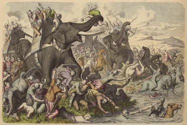 ダキア人やサルマティア人との戦いで戦象を使うマケドニア人（彩色彫刻