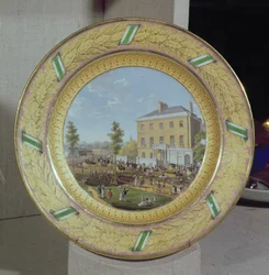 Apsley Houseのシーンで装飾されたマイセンプレート、1818年頃（磁器）