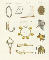 古代の楽器-笛、ガラガラ、シンバル