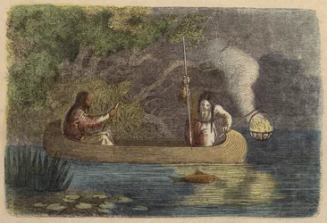 夜に釣りをするネイティブアメリカン（彩色済み彫刻