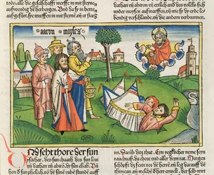 数字16 32地球は反逆者のデーサンとアビラムをニュルンベルク聖書（Biblia Sacra Germanaica）から飲み込みます（色の木版画）