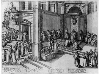 教皇クレメンス8世は、1595年9月23日、サンピエトロでフランス国王アンリ4世の服従を受け入れる
