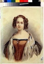 ロシアの皇后となるヘッセンとライン川の王女マリー (1824-1880) の肖像画 (ヘッセンとライン川のマリー王女の肖像、将来のロシア皇后)。 匿名の絵。 紙に水彩、39.3 x 23 cm、1830年後半。ドイツ美術