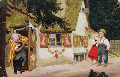 ヘンゼルとグレーテルをジンジャーブレッドハウスに招待する魔女が描かれた絵葉書、c.1910