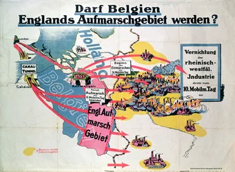 ベルギーとイギリスを結ぶ水路トンネルの建設案に関するドイツの不安を表明したポスター、c.1914-18