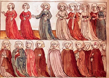 ボヘミアンの女性たちの行列。ウルリッヒ・リヒテンタール（1360-1437）の「コンスタンツ公会議の年代記」からのミニチュア 1438年頃 プラハ、国立図書館