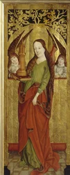 Sainte Barbe または Barbe the Great Martyr (3 世紀)。 （セントバーバラ）。 高台に3つの窓のある塔を運ぶ。 ウェストファーレンの巨匠 (1470 年から 1480 年にかけて活躍) の絵画、木に油彩、1470 年から 1480 年頃。 ドイツの芸術