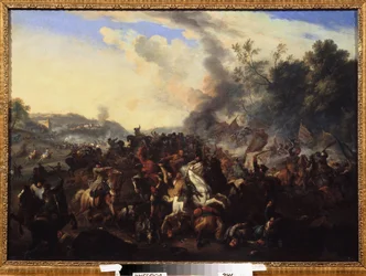 「戦闘シーン」 戦闘中に積み重なった騎手と馬。 ドイツの学校からの匿名の絵。 17th Century Regional Art Museum、ウジホロド、ウクライナ