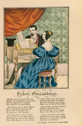 Neuruppiner Bilderbogen、1850年にピアノの下で愛の詩が書かれたカップルのシーン