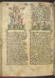 Sloane 361, f.26v Nebuchadnezzar は夢の中で木を見ます。 「Speculum Humanae Salvation」の磔刑（ベラムにインクとカラー）