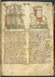 Sloane 361, f.27 コドルス王は自分の民のために殺されることをあきらめ、エレアザール・マカベウスは象を刺し、それによって押しつぶされました。