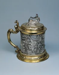 タンカード、アレクサンダーとゴーディアンノットの伝説を表すシーンで追いかけられた体、ダンジグ、1680年頃（小包金銀）