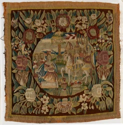 ダビデとアビゲイルを描いたタペストリー・クッションカバー、サムエル記上第二十五章、1615年頃、ドイツ、ハンブルグ製（羊毛）