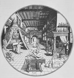 19世紀後半に出版された魔法の歴史に描かれた、ハインリッヒクンラス（1609）によるAmphitheatrum Aeternae Sapientiaeの彼の研究室の錬金術師