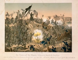 1864年4月18日、第二次シュレスヴィヒ戦争でのディボエルの戦い（Verlag A. Felgner、ベルリン、1864年発行）