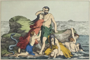 洪水、LAncien Testamentのイラスト、Jakob Ferdinand Schreiber、エスリンゲン発行（カラー彫刻）