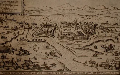 1552年のトルコ人によるゾルノックの包囲、オスマン・トルコのヨーロッパでの作戦に関する本の挿絵、Paul Furst (c.1605-66) (エングレーヴィング)
