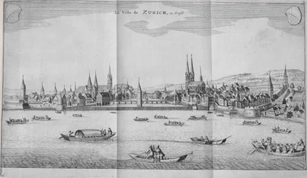 1706年に出版されたヨハンヤコブシュクツァーリイティネラアルピナのII巻から、スイスのチューリッヒの町