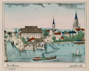 Neuruppiner Bilderbogen、1830年からの港、コンジル、大聖堂を示すコンスタンスのビュー