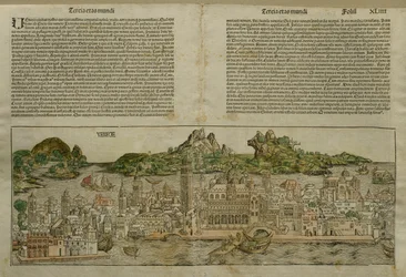 ヴェネツィアの眺め、ハルトマンシェデル（1440-1514）によるリベルクロニコルムからのイラスト1493年ニュルンベルクで出版