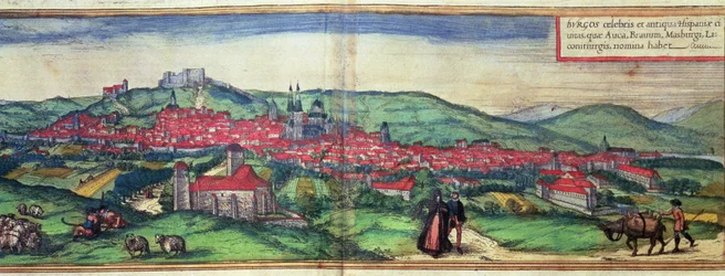 ブルゴスの街の眺め、Georg Braun が編集し、Franz Hogenberg が彫刻した作品「Civites Orbis Terrarum」から