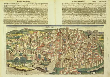 ニュルンベルク年代記からの壁に囲まれたフィレンツェの街の眺め、Hartmann Schedel（1440-1514）1493