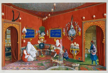 ハプスブルク家マクシミリアン (1832-1867) のトリエステ邸、ヴィラ ラザロヴィチのオリエンタル ルーム、ゲルマーノ プロスドミ作のテンペラ