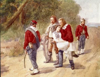 イタリアの愛国者ジュゼッペ・ガリバルディは、1849年にチフスに苦しんでいる妻のアニタをラヴェンナに移送します（水彩）