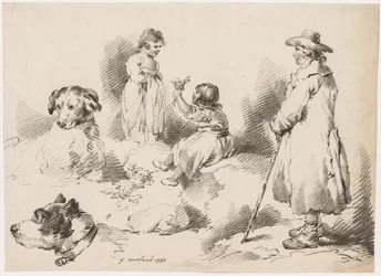 子供の研究 2 人の少女、2 匹の犬、男、1793 年。