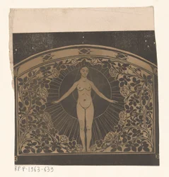 女性と花を描いた 1901 年のカレンダーのフレームのデザイン
