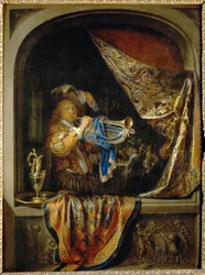 トランペット奏者、背景にはごちそう...。