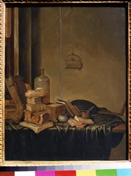 本のある静物。 Gerrit van Vucht (1600 年または 1620 年 - 1697 年頃) による絵画。 木に油彩、34 x 28 cm。 17世紀オランダの学校。 プーシキン美術館、モスクワ。