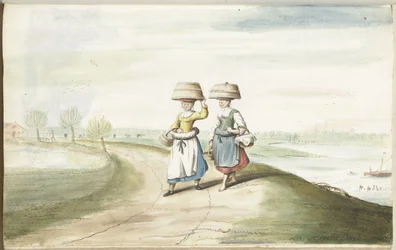 2 人の農民の女性が風景の中を歩く