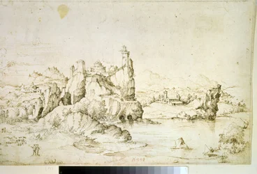 ""Un chateau perche sur une montagne" (山の景色の岩の上の城) Gherardo Cibo (1512-1600) による茶色のインクでの描画 1540 プーシキン美術館、モスクワ