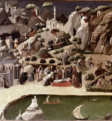 Thebaide of the Hermits 詳細。砂漠での隠者の生活を描いた作品。ゲラルド・スタルニーナ（14-15世紀）作とされる木地のデトレンプ。1400年頃 薄さ2x0.8 m フィレンツェ、ガレリア・デッリ・ウフィッツィー(オフィス)
