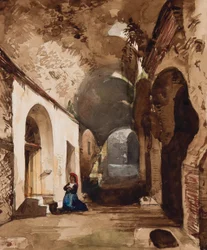 ポズオーリの円形劇場のアーチ型天井の神社で祈る女性、マリアAnnunziata di Borbone王女（1843-1871）による追加（鉛筆、紙と紙とガッシュ）