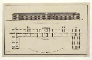 スモルニー研究所のプロジェクト。メインファサードと1階平面図、1806-1808