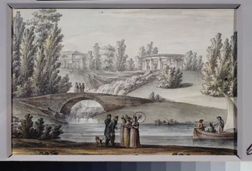 アポロ神殿とパブロフスク公園 (サンクトペテルブルク) の滝。 ジャコモ アントニオ ドメニコ クアレンギ (1744-1817) の作品、紙にインクと水彩、1800 年頃。イタリア美術