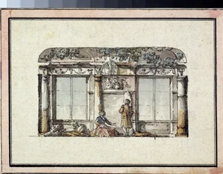 2 つの窓がある部屋の装飾のためのプロジェクト。 ジャコモ・アントニオ・ドメニコ・クアレンギ (1744-1817) の作品、紙にインクと水彩。 イタリアの芸術、古典主義。 州立 A. プーシキン美術館、モスクワ。
